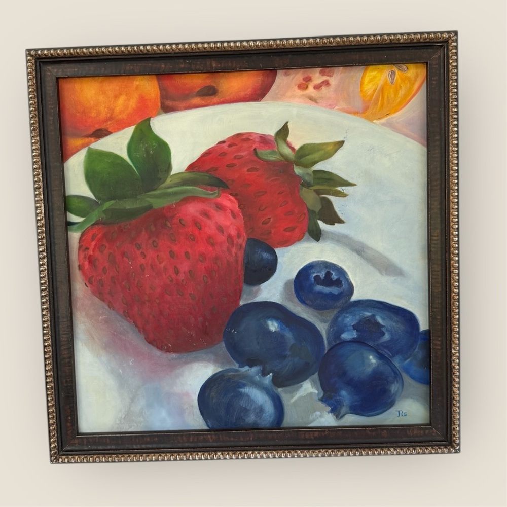 Original Artwork Painting Strawberries and Blueberries Professionally Framed - Picture 2 of 8